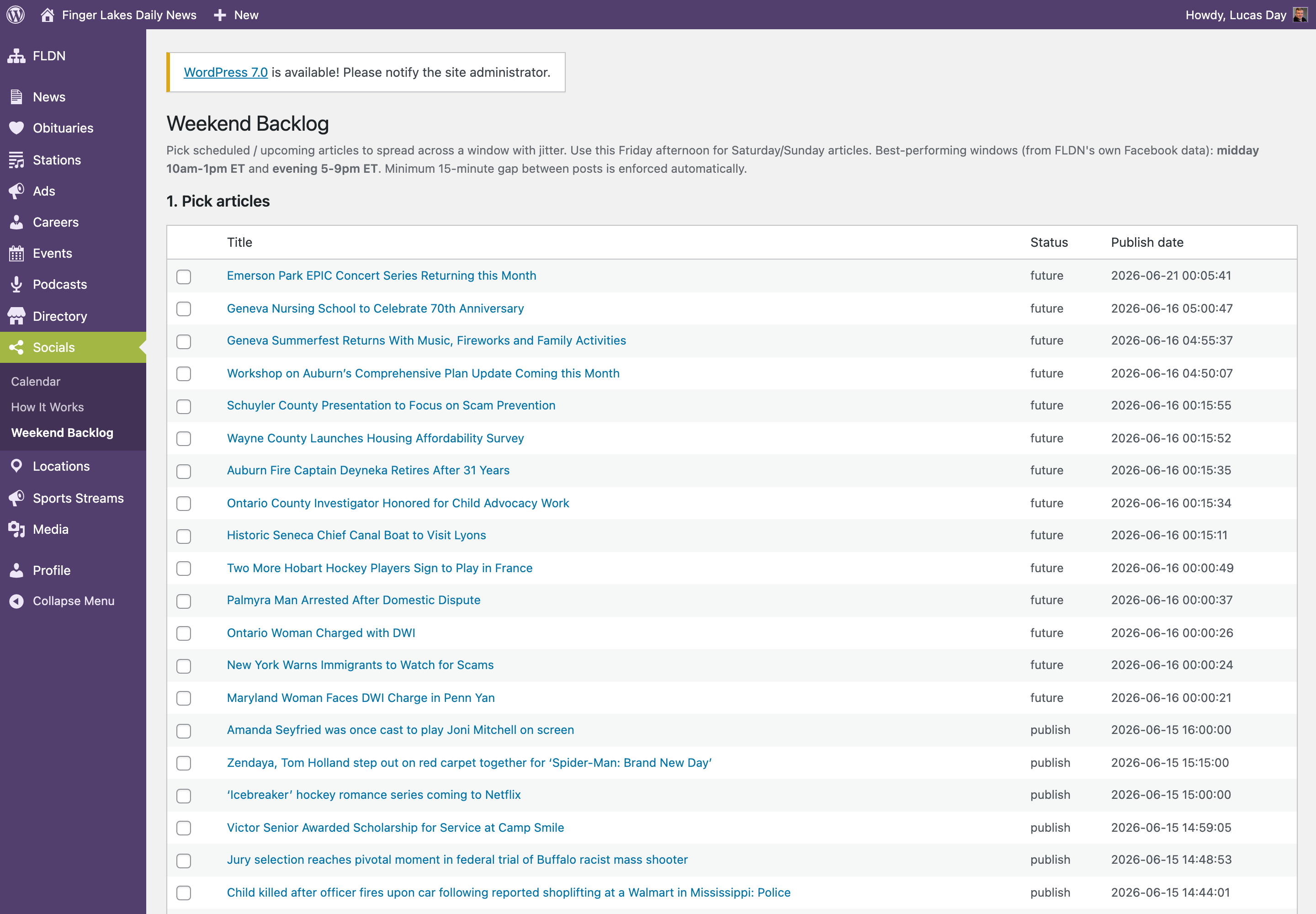 Weekend Backlog page with article checklist
