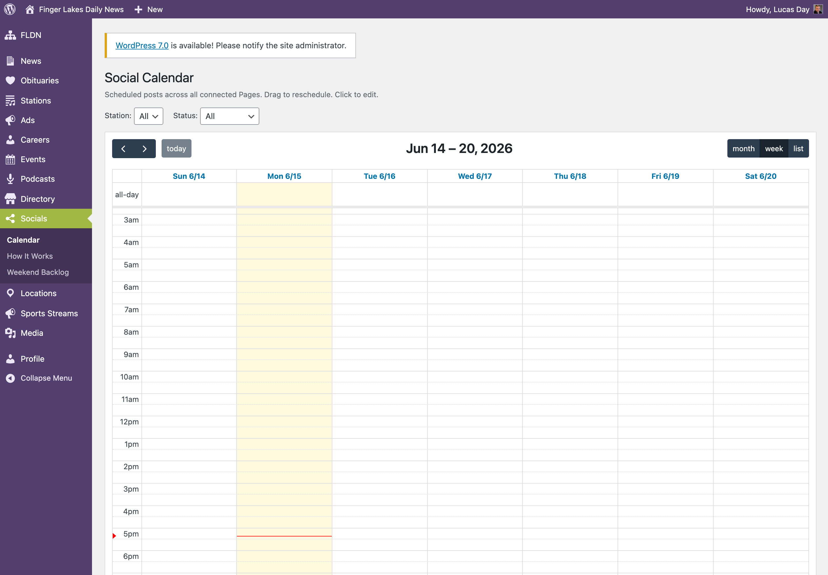 Socials Calendar showing the week